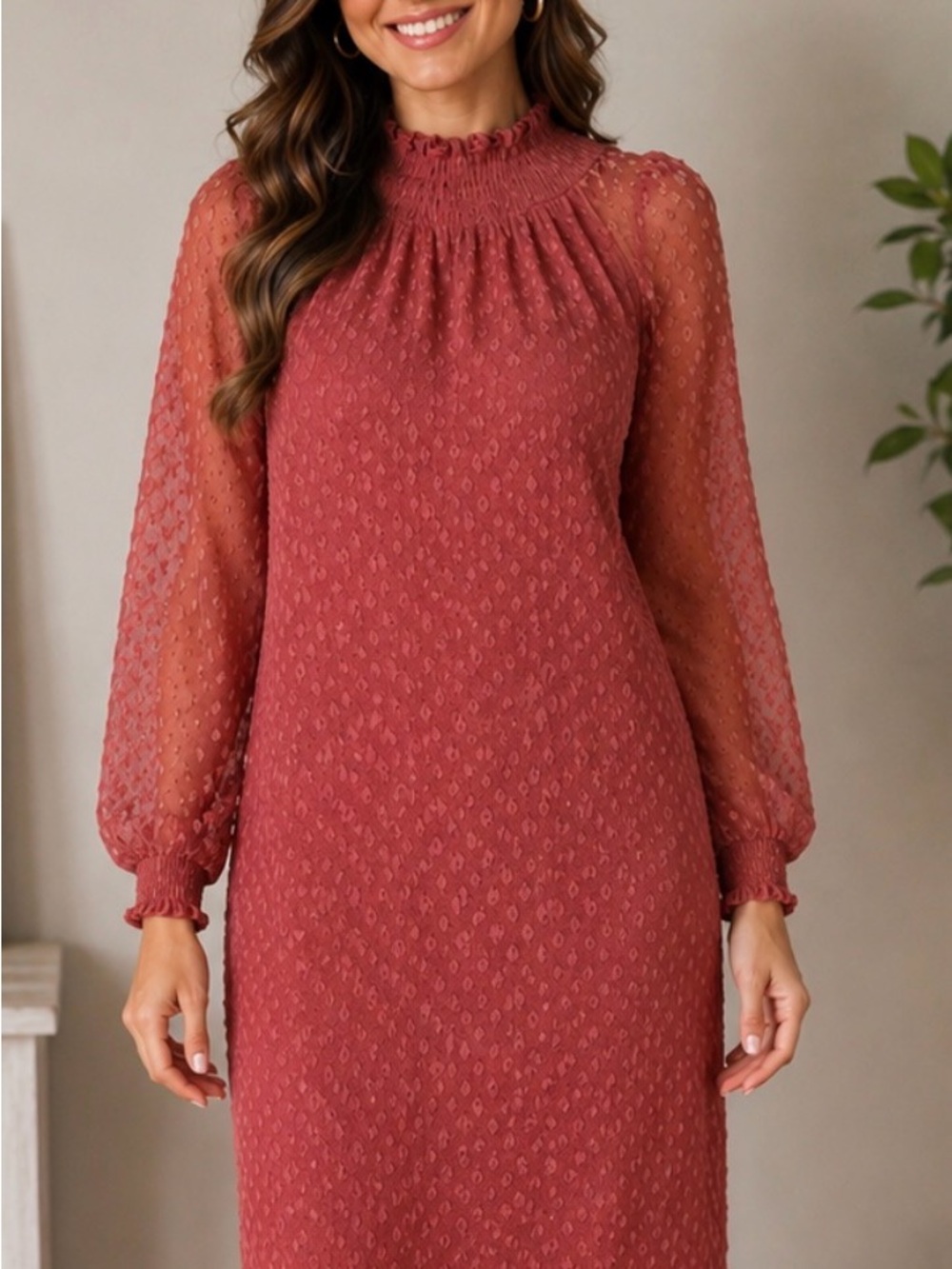 Nina Leonard Smocked High-Neck Long Sleeve Midi Dress in Rusty Rose